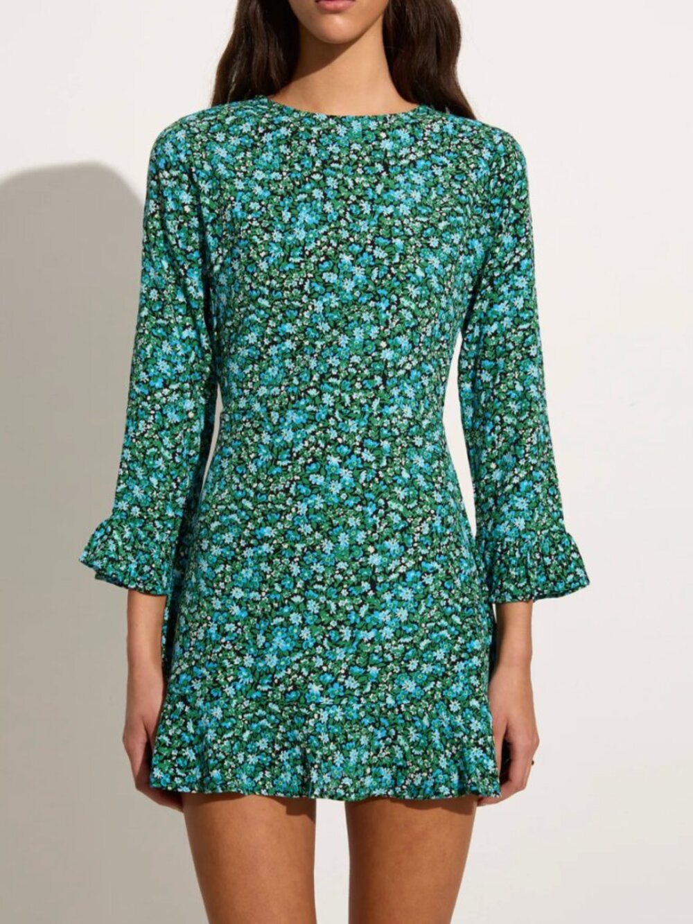 Faithfull the Brand El Cid Floral Mini Dress Size S Marilla Blue Green